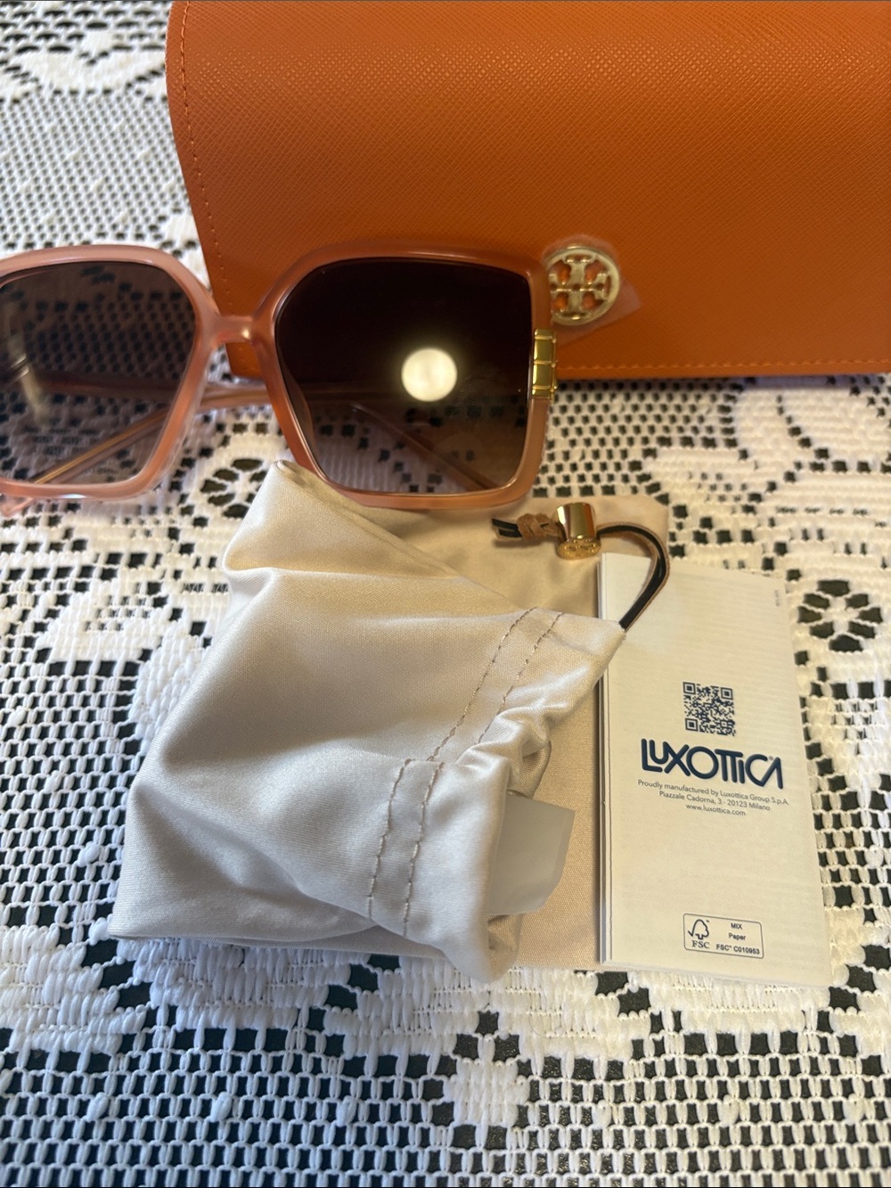 Tory Burch Peach-Pink Square Sunglasses with Orange Case